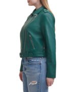 Water Repellent Leather Fashion Belted Moto Jacket Green