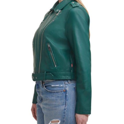 Water Repellent Leather Fashion Belted Moto Jacket Green