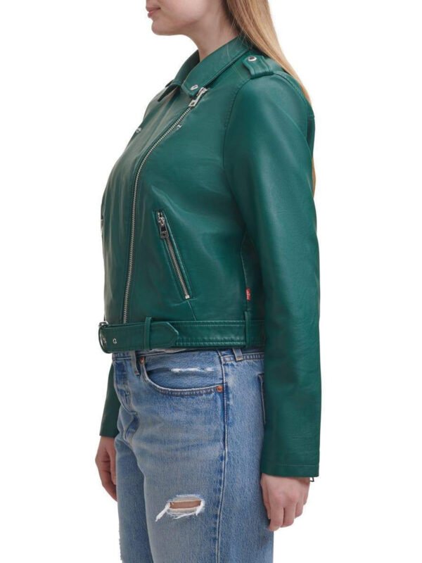 Water Repellent Leather Fashion Belted Moto Jacket Green
