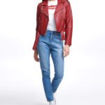 Water Repellent Leather Fashion Belted Moto Jacket Red