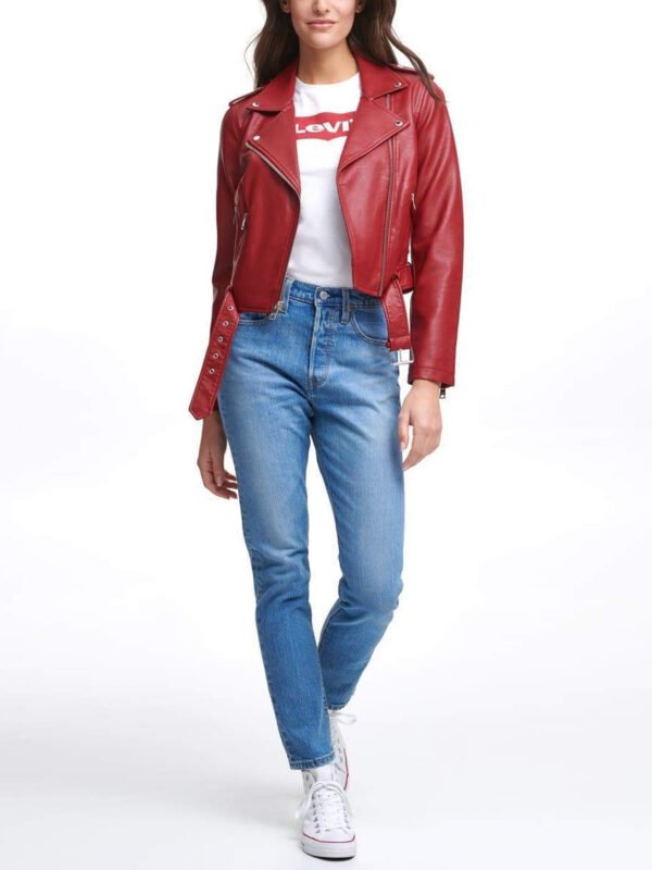 Water Repellent Leather Fashion Belted Moto Jacket Red