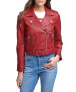 Water Repellent Leather Fashion Belted Moto Jacket Red