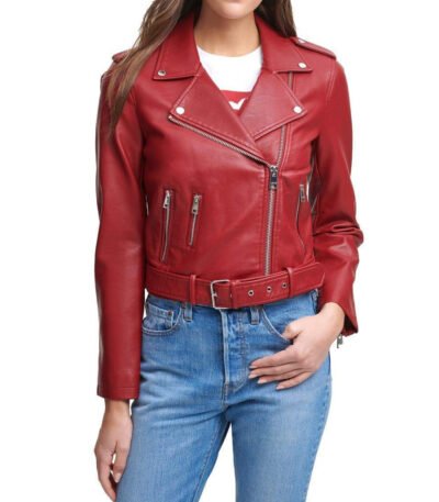 Water Repellent Leather Fashion Belted Moto Jacket Red