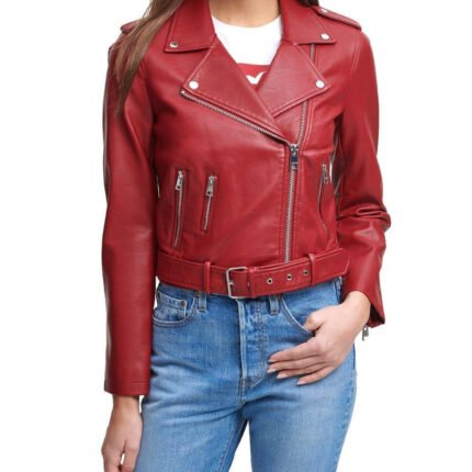 Water Repellent Leather Fashion Belted Moto Jacket Red