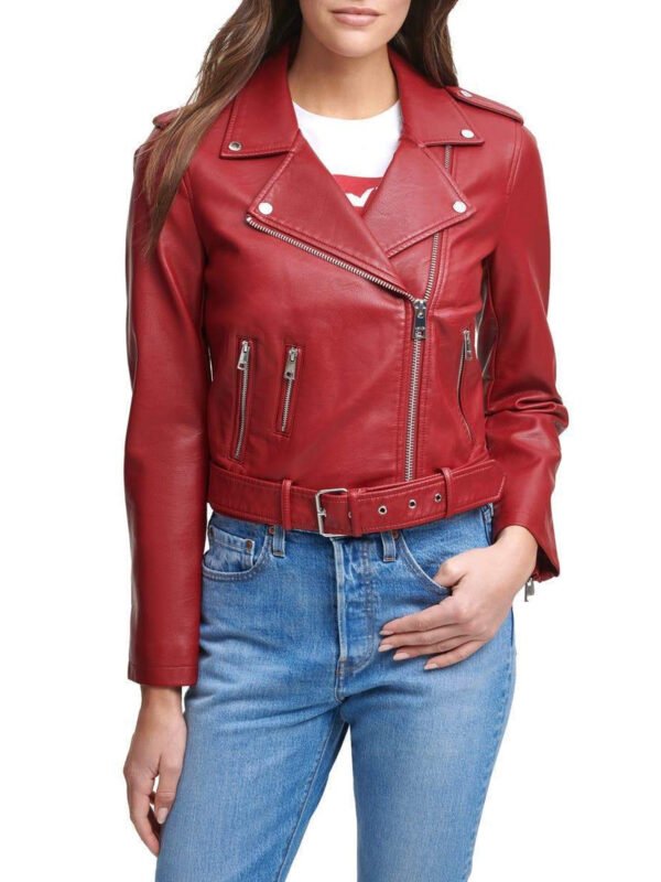 Water Repellent Leather Fashion Belted Moto Jacket Red