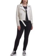 Water Repellent Leather Fashion Belted Moto Jacket White