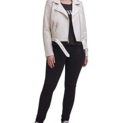 Water Repellent Leather Fashion Belted Moto Jacket White