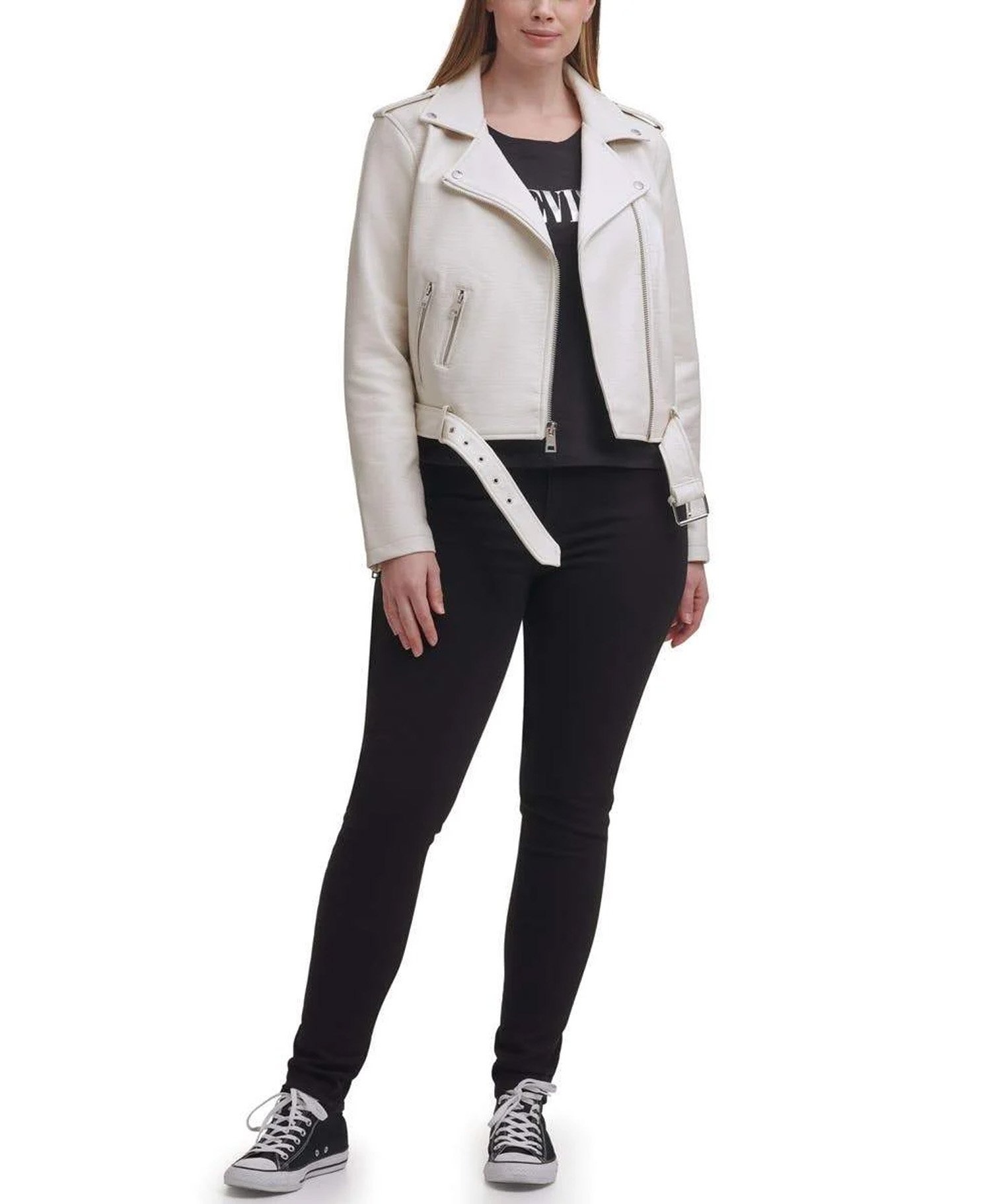 Water Repellent Leather Fashion Belted Moto Jacket White Water Repellent Leather Fashion Belted Moto Jacket White