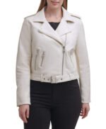 Water Repellent Leather Fashion Belted Moto Jacket White