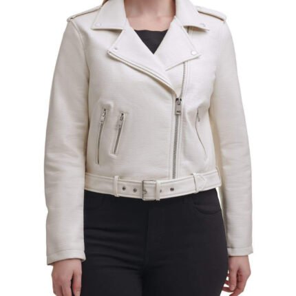 Water Repellent Leather Fashion Belted Moto Jacket White