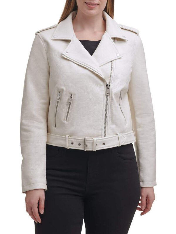 Water Repellent Leather Fashion Belted Moto Jacket White