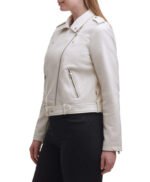 Water Repellent Leather Fashion Belted Moto Jacket White