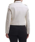 Water Repellent Leather Fashion Belted Moto Jacket White