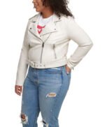 Water Repellent Leather Fashion Belted Moto Jacket White