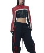 Striped Biker Style Cropped Leather Jacket For Women
