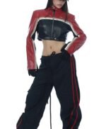 Striped Biker Style Cropped Leather Jacket For Women