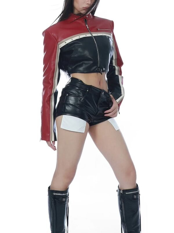 Striped Biker Style Cropped Leather Jacket For Women