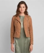 Women's Suede Leather Moto Jacket In Brown