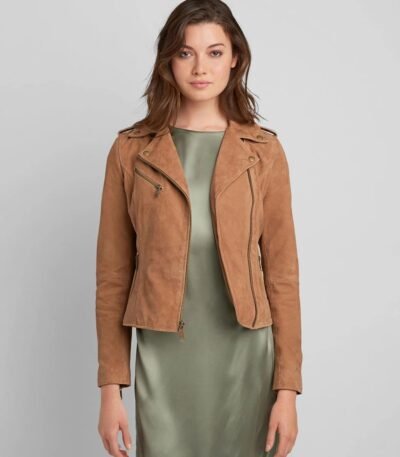 Women's Suede Leather Moto Jacket In Brown