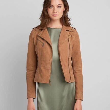 Women's Suede Leather Moto Jacket In Brown