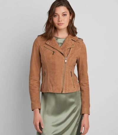 Women's Suede Leather Moto Jacket In Brown