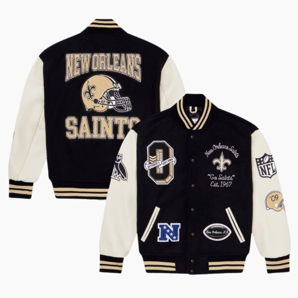 NFL Black New Orleans Saints Full Snap Wool Varsity Jacket