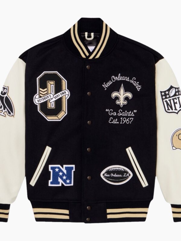 NFL Black New Orleans Saints Full Snap Wool Varsity Jacket
