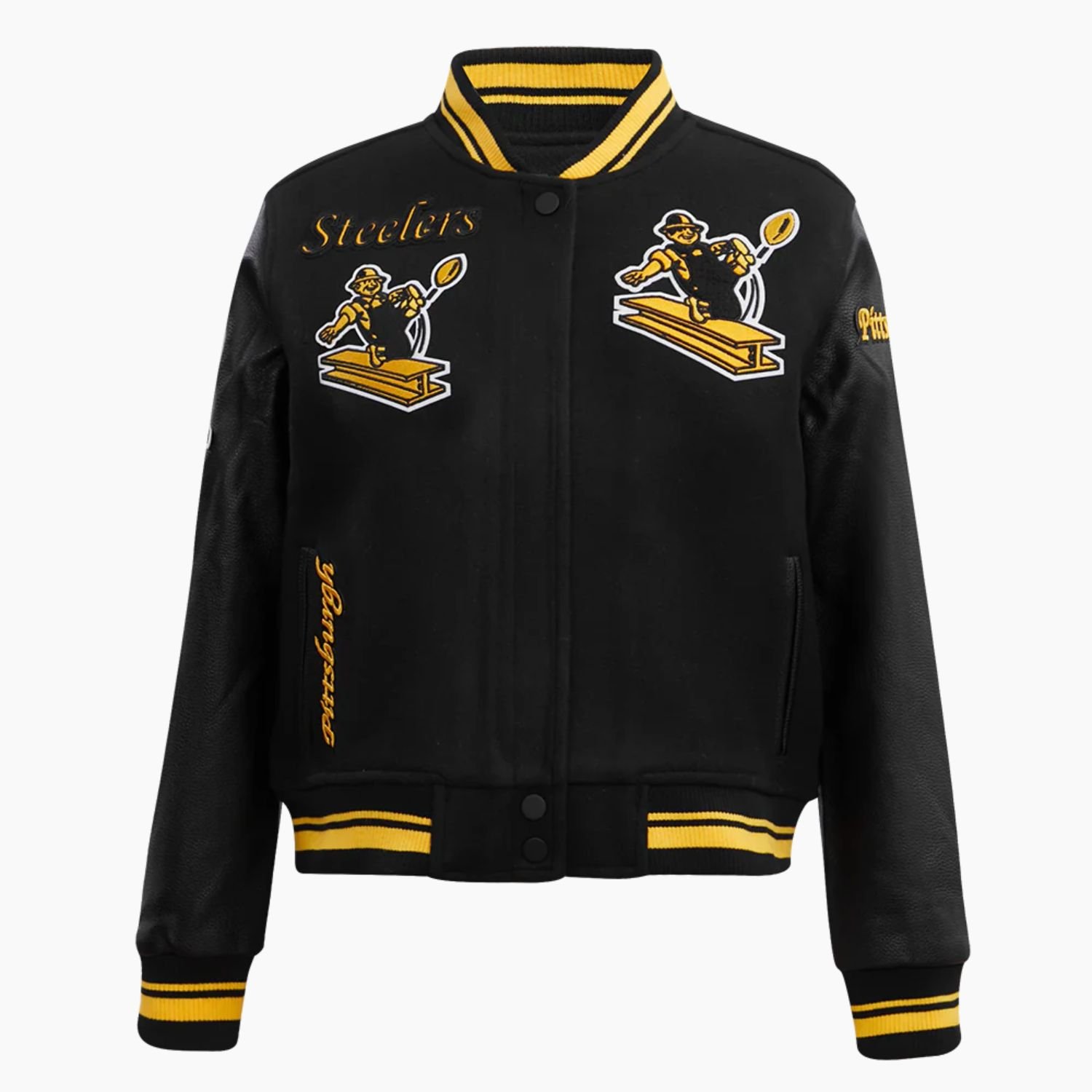 NFL Pittsburgh Steelers Retro Classic Womens Rib Black Wool Varsity Jacket NFL Pittsburgh Steelers Retro Classic Womens Rib Black Wool Varsity Jacket