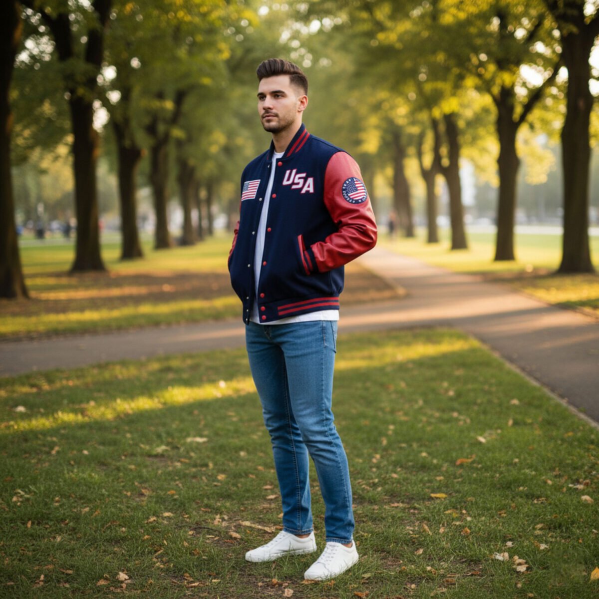 Red Sleeves USA Varsity Jacket