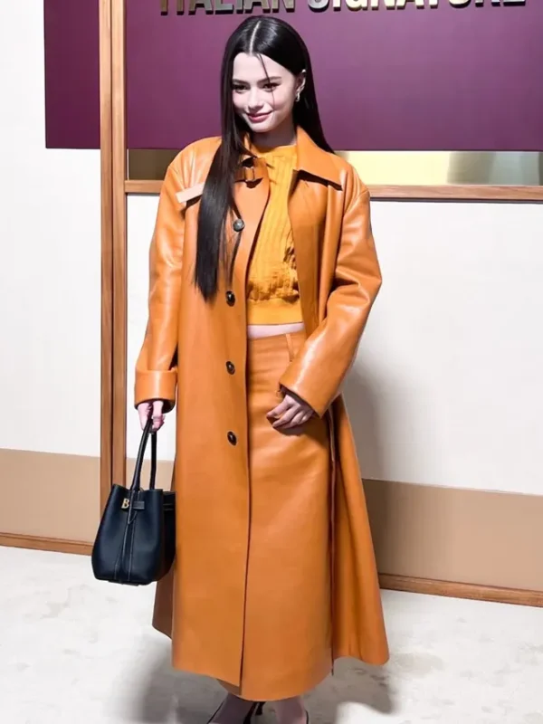 2026 Fashion Show Becky Armstrong Orange Leather Coat