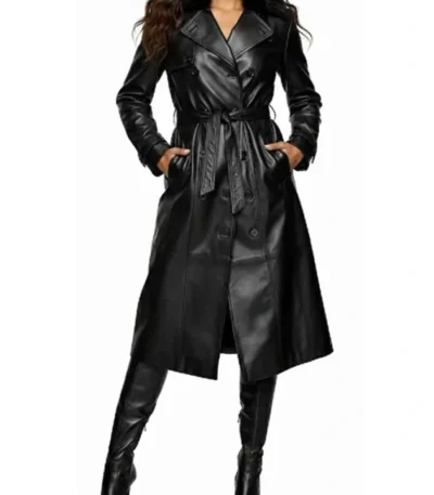 Alicia Women’s Black Genuine Leather Fur Collar Trench Coat