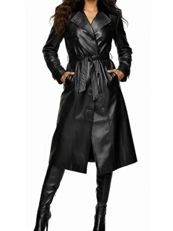 Alicia Women’s Black Genuine Leather Fur Collar Trench Coat