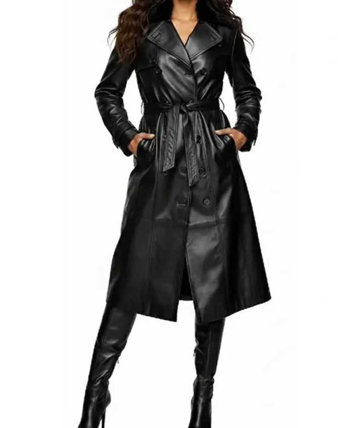 Alicia Women’s Black Genuine Leather Fur Collar Trench Coat Alicia Women’s Black Genuine Leather Fur Collar Trench Coat