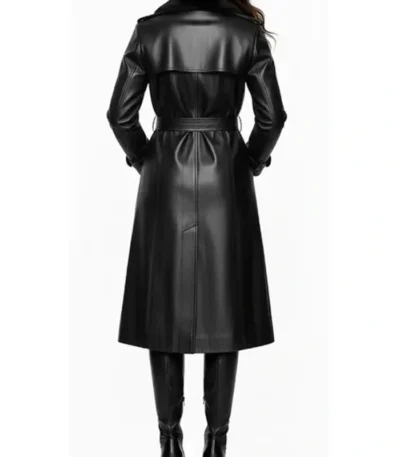 Alicia Women’s Black Genuine Leather Fur Collar Trench Coat