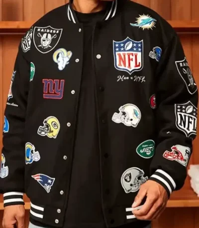 All Team Badges Black Varsity Jacket