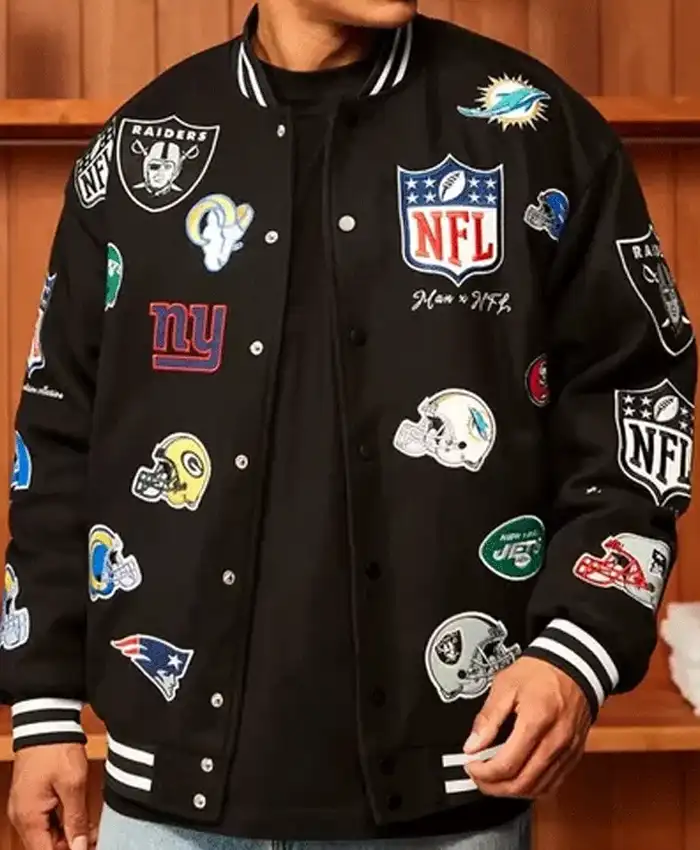 All Team Badges Black Varsity Jacket All Team Badges Black Varsity Jacket