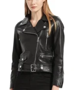 Black Leather Biker Jacket With Belted Women’s