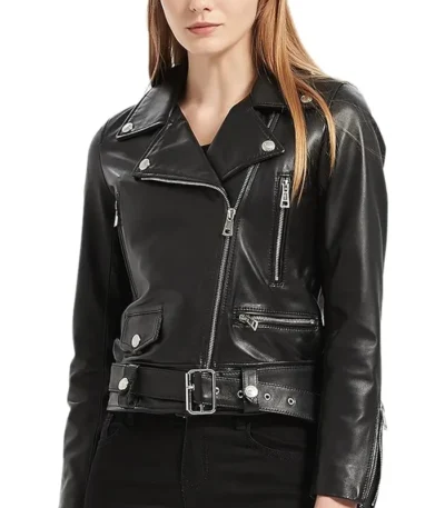 Black Leather Biker Jacket With Belted Women’s