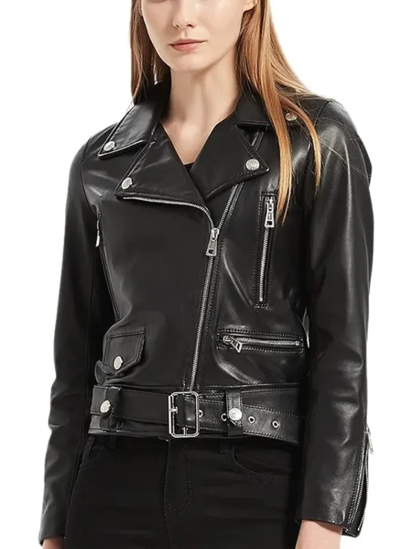 Black Leather Biker Jacket With Belted Women’s