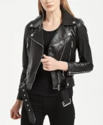 Black Leather Biker Jacket With Belted Women’s