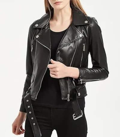 Black Leather Biker Jacket With Belted Women’s