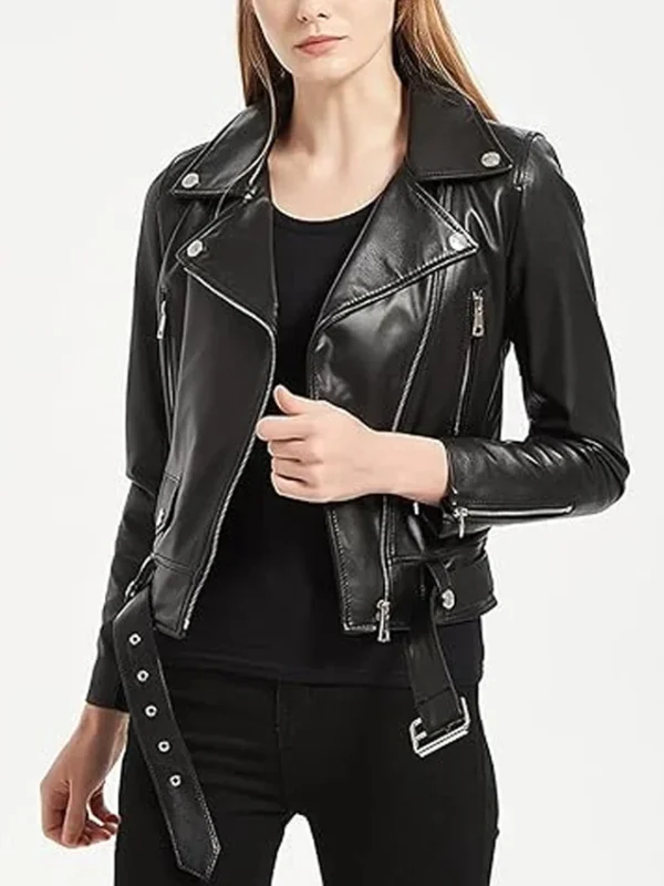 Black Leather Biker Jacket With Belted Women’s