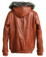 Fox Brown Leather Hooded Bomber Jacket