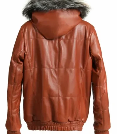 Fox Brown Leather Hooded Bomber Jacket