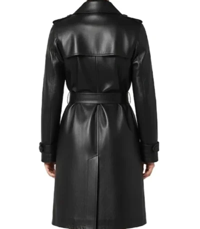 Casey Hip Length Belted Black Leather Long Trench Coat