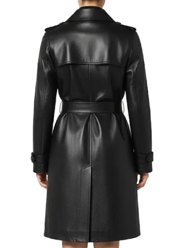 Casey Hip Length Belted Black Leather Long Trench Coat