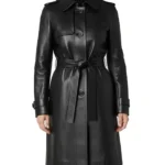 Casey Hip Length Belted Black Leather Long Trench Coat