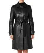Casey Hip Length Belted Black Leather Long Trench Coat