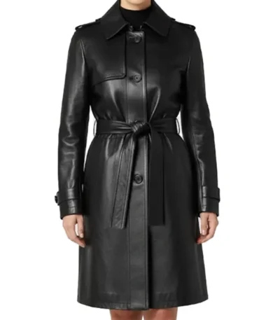 Casey Hip Length Belted Black Leather Long Trench Coat