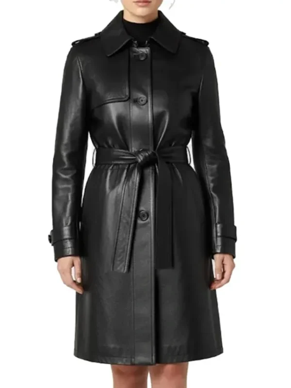 Casey Hip Length Belted Black Leather Long Trench Coat